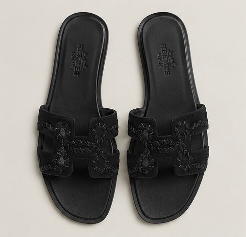 Braided Leather Slide Sandals – Black