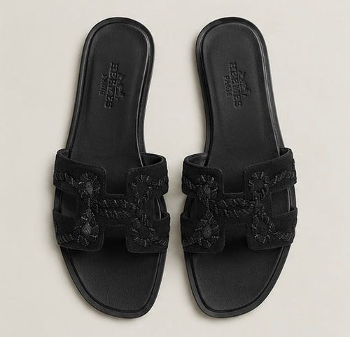 Braided Leather Slide Sandals – Black