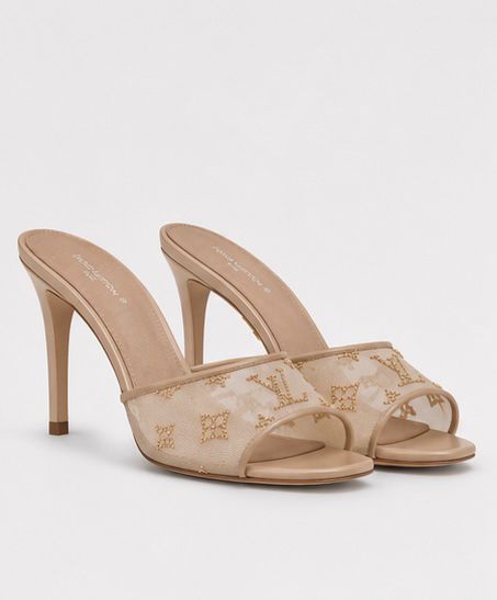 Golden Mesh Monogram Mule Heels – Nude Beige
