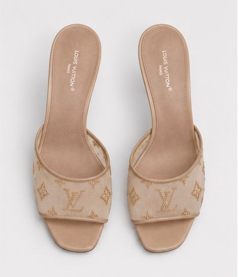 Golden Mesh Monogram Mule Heels – Nude Beige