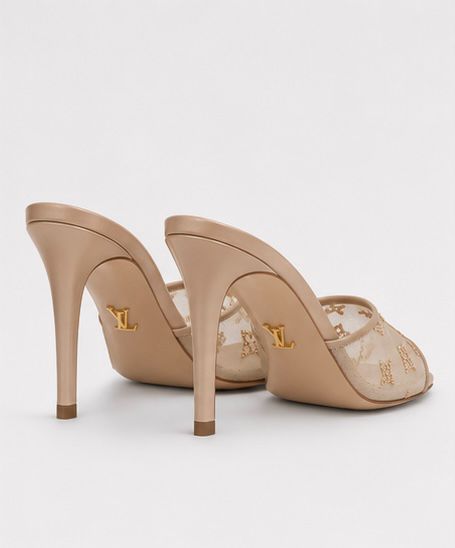 Golden Mesh Monogram Mule Heels – Nude Beige