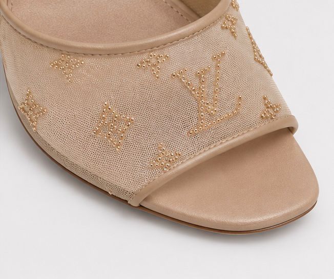Golden Mesh Monogram Mule Heels – Nude Beige