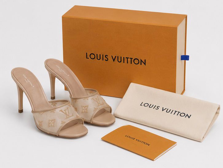Golden Mesh Monogram Mule Heels – Nude Beige