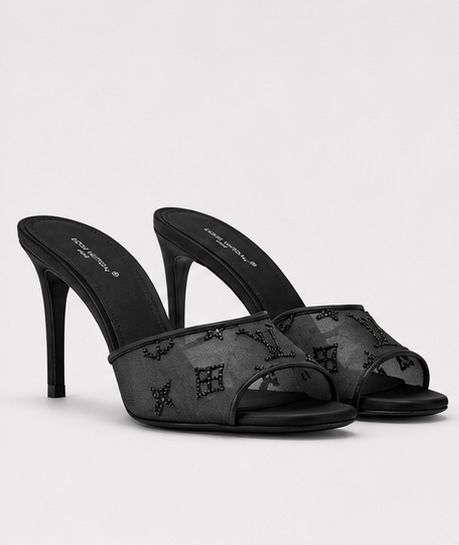 Noir Crystal Mesh Mule Heels