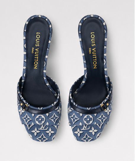 Blue Jacquard Kitten Heel Mules