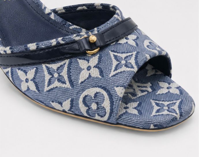 Blue Jacquard Kitten Heel Mules