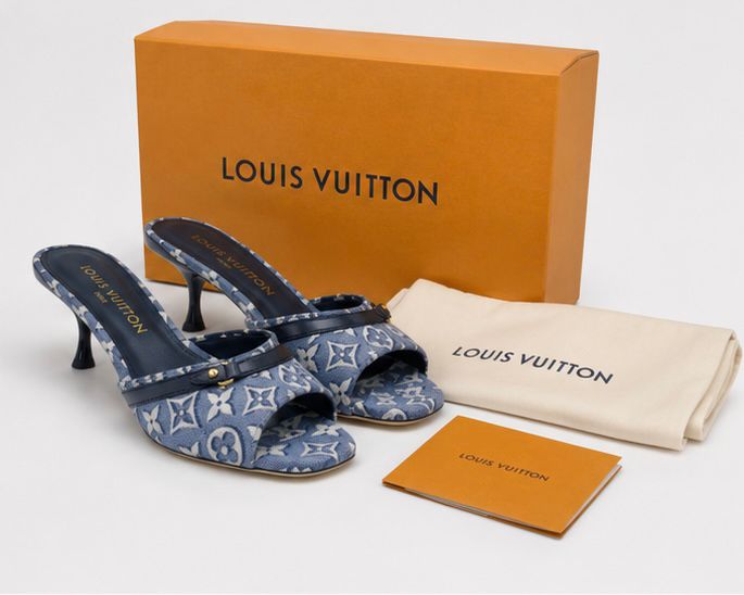 Blue Jacquard Kitten Heel Mules