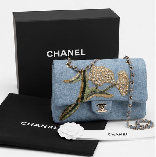 Sky Bloom Embroidered Denim Shoulder Bag